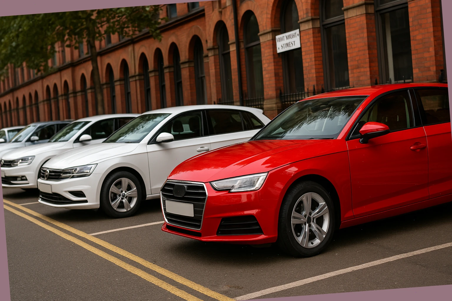 Row of clean hire cars parked along Whitworth Street West in Manchester