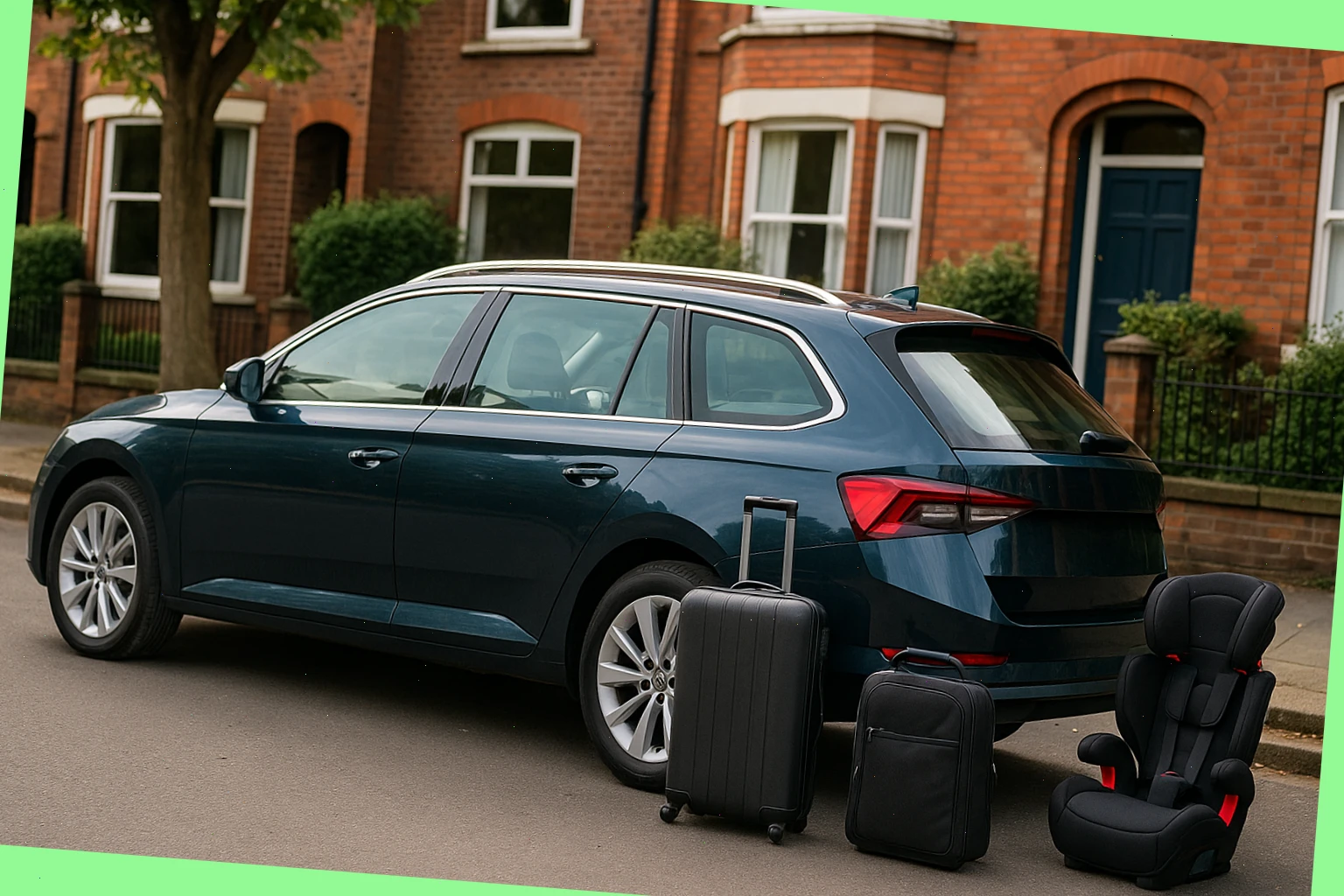 Estate car at a quiet curb with luggage and child seats ready