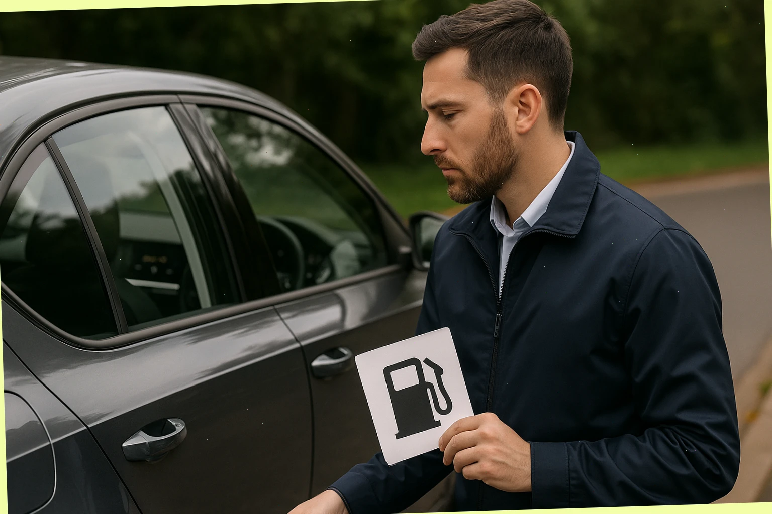 Staff member with jacket beside a car inspecting fuel level